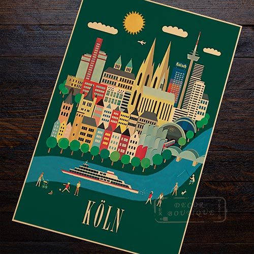 Vintage canvas poster wall art featuring a colorful illustration of Cologne (Köln), Germany skyline with landmarks and river scene. Ideal for home decor.
